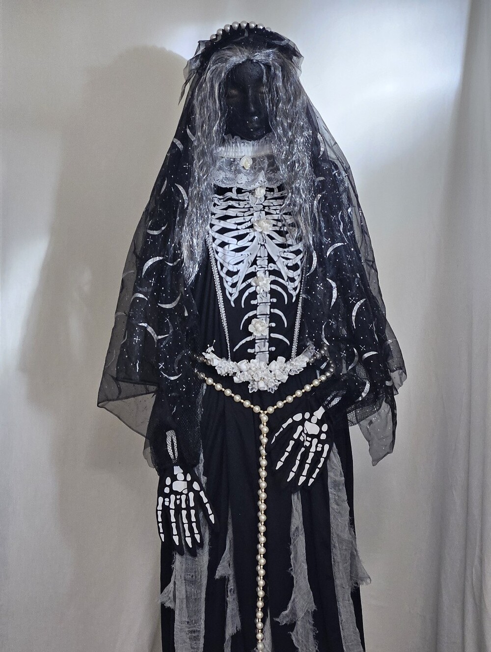 Upcycled Ghost Of Ophelia Gothic Skeleton Costume Black & Silver Gown L - Picture 2 of 15